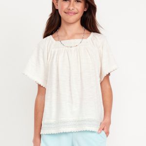 Short Flutter-Sleeve Crochet-Trim Top for Girls