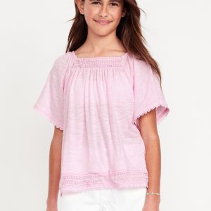 Short Flutter-Sleeve Crochet-Trim Top for Girls