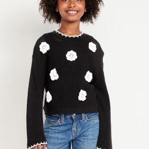 Long-Sleeve Crochet-Floral Sweater for Girls