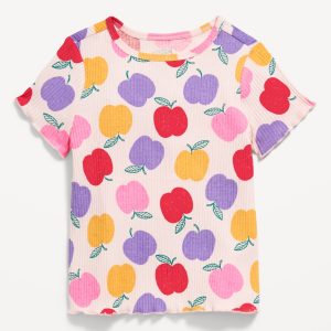 Printed Short-Sleeve Lettuce-Edge T-Shirt for Toddler Girls