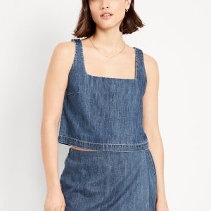 Cropped Square-Neck Denim Top