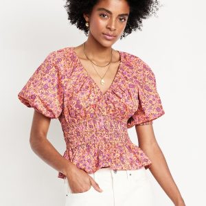 Smocked V-Neck Peplum Top