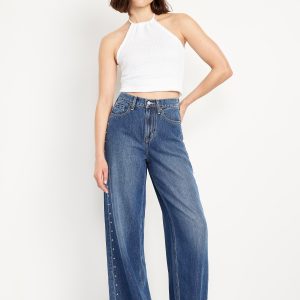 High-Waisted Baggy Wide-Leg Studded Jeans