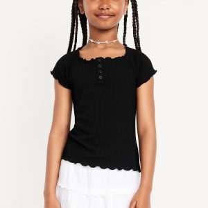 Fitted Short-Sleeve Lettuce-Edge Top for Girls