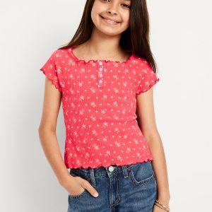 Fitted Short-Sleeve Lettuce-Edge Top for Girls