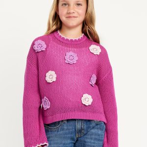 Long-Sleeve Crochet-Floral Sweater for Girls