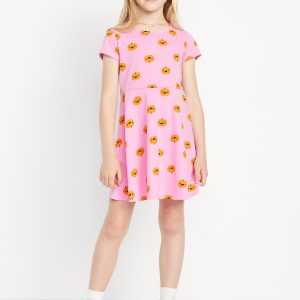 Printed Short-Sleeve Fit and Flare Dress for Girls