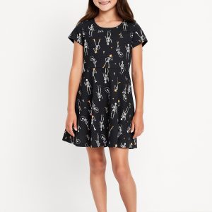 Printed Short-Sleeve Fit and Flare Dress for Girls