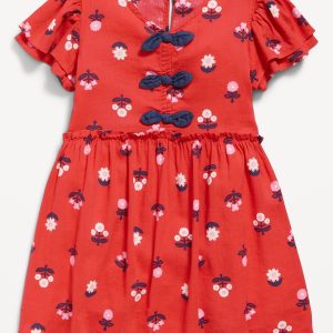 Printed Short-Sleeve Ruffled Bow Dress for Toddler Girls