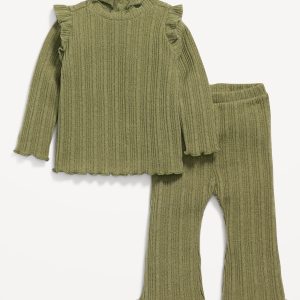 Cozy Long-Sleeve Ribbed Ruffle-Trim Top and Pants Set for Baby