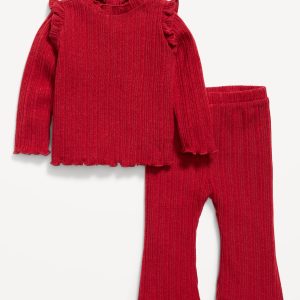 Cozy Long-Sleeve Ribbed Ruffle-Trim Top and Pants Set for Baby