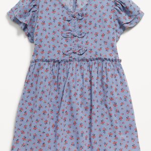 Printed Short-Sleeve Ruffled Bow Dress for Toddler Girls
