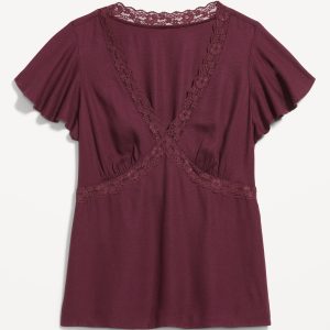 Lace-Trim V-Neck Crepe Top