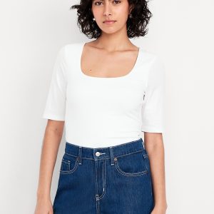 Double-Layer Elbow-Sleeve Scoop-Neck T-Shirt