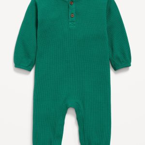 Long-Sleeve Waffle-Knit Henley One-Piece for Baby