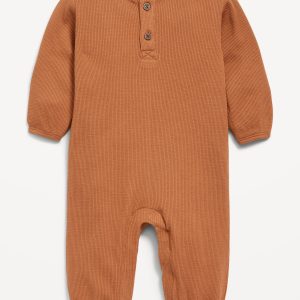 Long-Sleeve Waffle-Knit Henley One-Piece for Baby