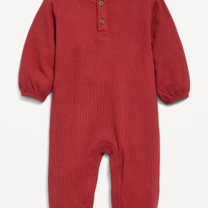 Long-Sleeve Waffle-Knit Henley One-Piece for Baby