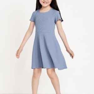 Short-Sleeve Ribbed Fit and Flare Dress for Girls