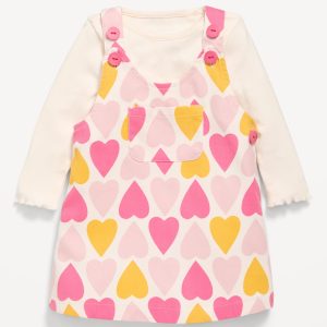 Long-Sleeve Ribbed T-Shirt and Twill Dress Set for Baby