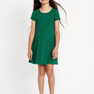 Short-Sleeve Ribbed Fit and Flare Dress for Girls