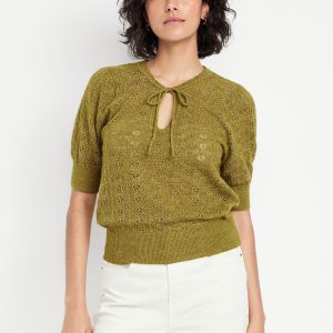 Wool-Blend Puff-Sleeve Tie-Neck Sweater