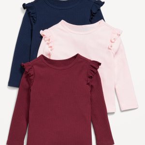 Long-Sleeve Ribbed Ruffle-Trim T-Shirts 3-Pack for Toddler Girls