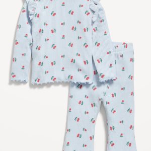 Printed Cozy Rib-Knit Ruffled Top and Pants Set for Baby