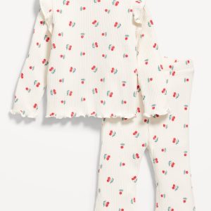 Printed Cozy Rib-Knit Ruffled Top and Pants Set for Baby