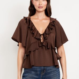 Satin Ruffle Tie-Front Top