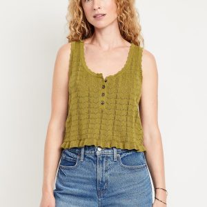 Sleeveless Pointelle Cropped Henley Top