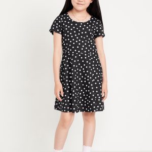 Printed Short-Sleeve Fit and Flare Dress for Girls