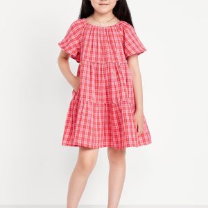Printed Flutter-Sleeve Double-Weave Tiered Swing Dress for Girls