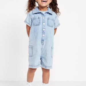 Short-Sleeve Utility Jean Romper for Toddler Girls