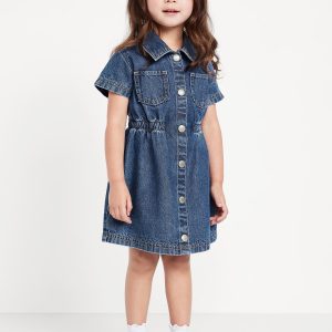 Short-Sleeve Cinched-Waist Jean Dress for Toddler Girls