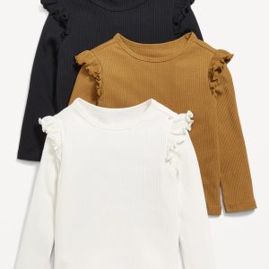 Long-Sleeve Ribbed Ruffle-Trim T-Shirts 3-Pack for Toddler Girls