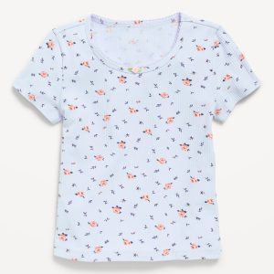 Printed Short-Sleeve Ribbed T-Shirt for Girls