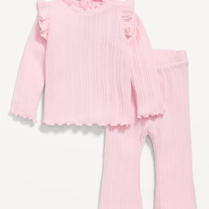 Cozy Long-Sleeve Ribbed Ruffle-Trim Top and Pants Set for Baby