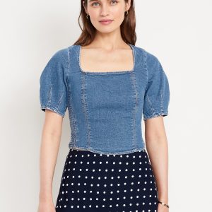 Square-Neck Denim Crop Top