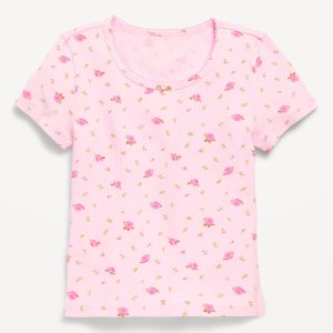 Printed Short-Sleeve Ribbed T-Shirt for Girls