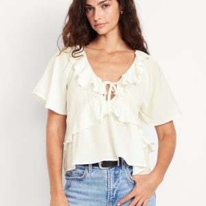 Satin Ruffle Tie-Front Top
