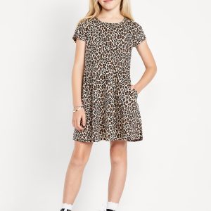 Printed Short-Sleeve Fit and Flare Dress for Girls