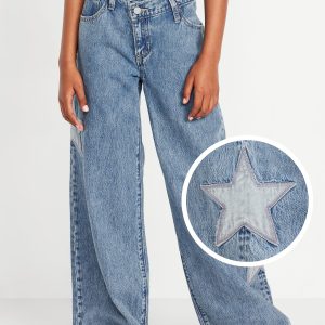 Super Baggy Embroidered Crossover Wide-Leg Jeans for Girls