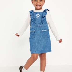 Long-Sleeve Ribbed T-Shirt and Embroidered Jean Dress Set for Toddler Girls