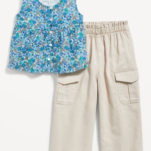 Printed Sleeveless Button-Front Top and Cargo Pants Set for Toddler Girls