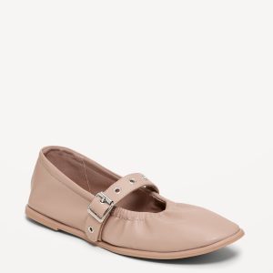 Faux-Leather Mary-Jane Scrunch Ballet Flats