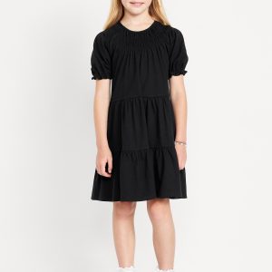 Short Puff-Sleeve Tiered Swing Dress for Girls