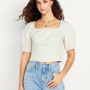 Square-Neck Seamed Denim Top