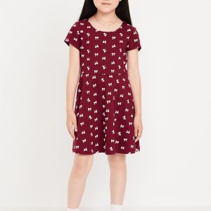 Printed Short-Sleeve Fit and Flare Dress for Girls