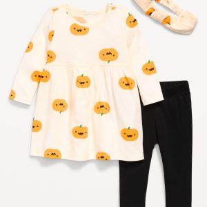 Printed Long-Sleeve Dress, Leggings and Headband for Baby
