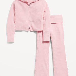 CozePlush Zip Hoodie and Flare-Leg Pants Set for Girls